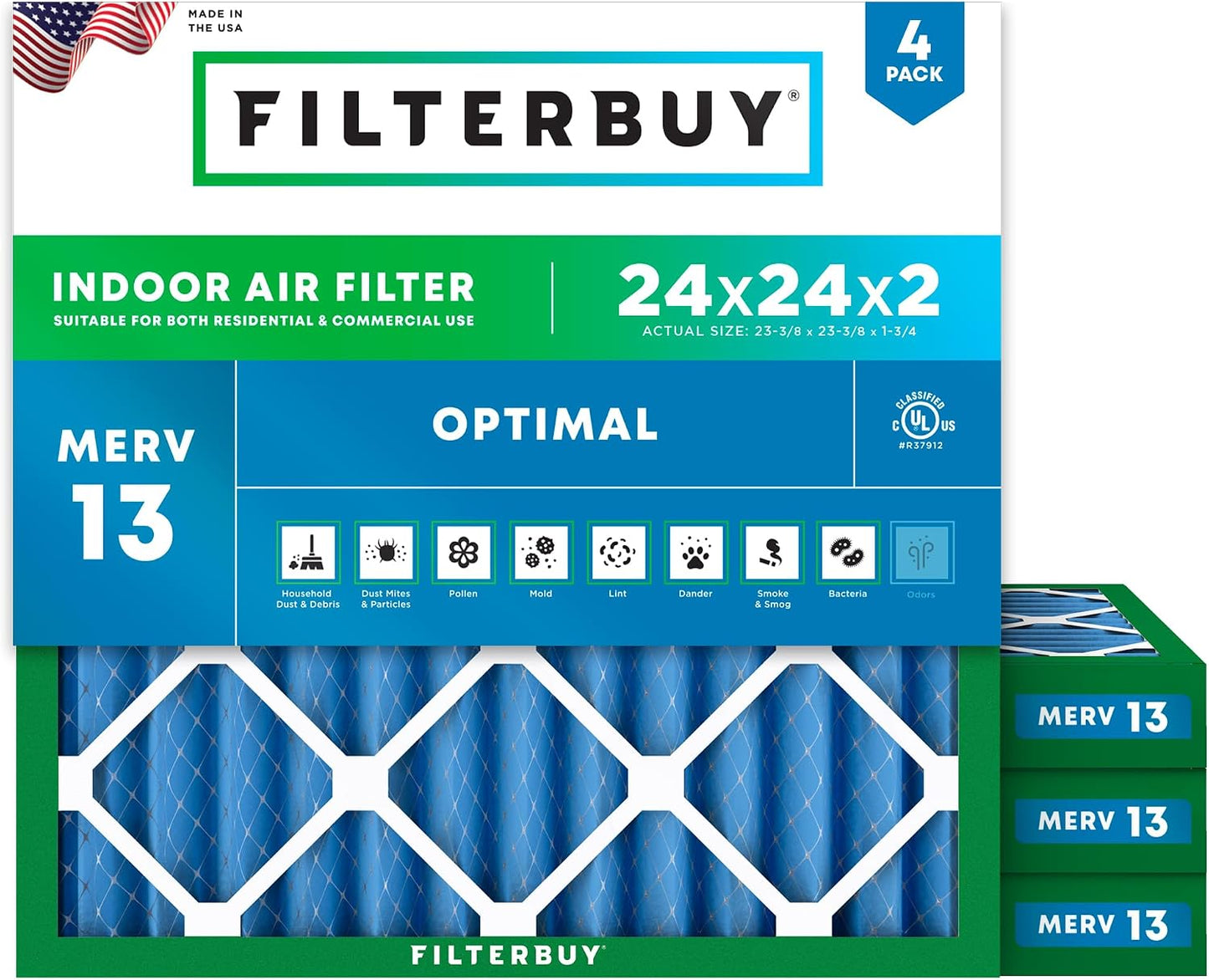 Filtro aire 24x24x2pulg MERV13 plisado electrostático HVAC