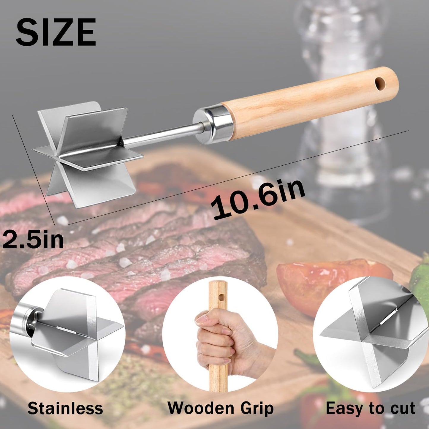 Picador carne acero inox cabezal resistente mango madera 10.6pulg