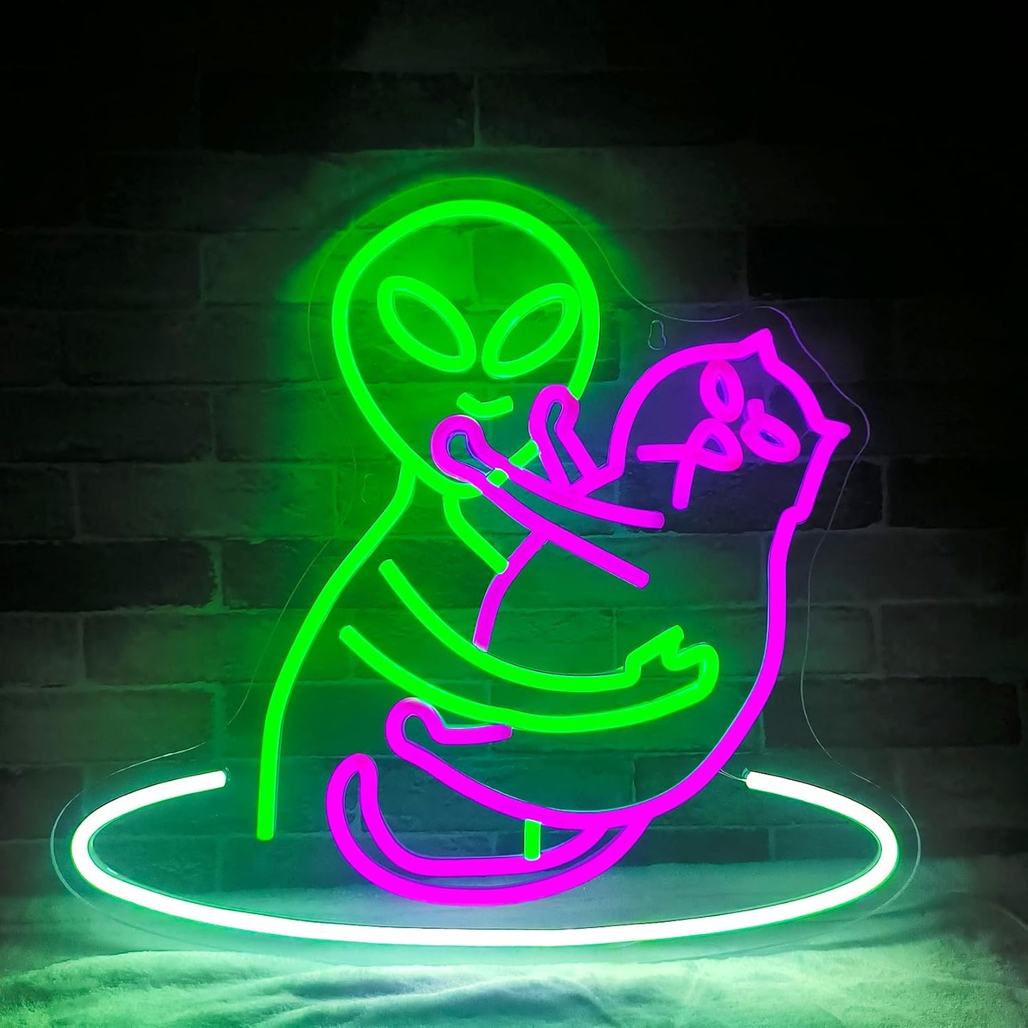 Letrero neón gato alienígena led verde y morado