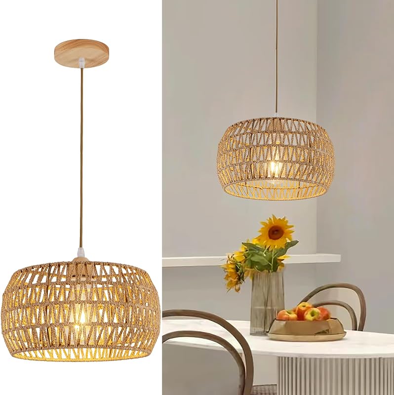 Lámpara colgante ratán 13" pantalla tejida base madera