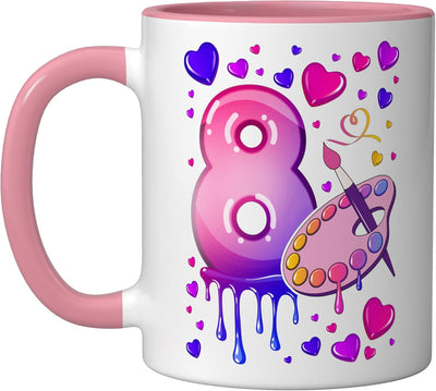 Taza cerámica para cumpleaños número 8 niña rosa/blanco