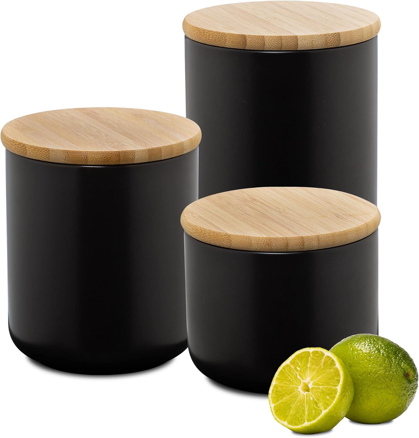 3 Tarros Cerámica para Galletas con Tapa Bambú Negro