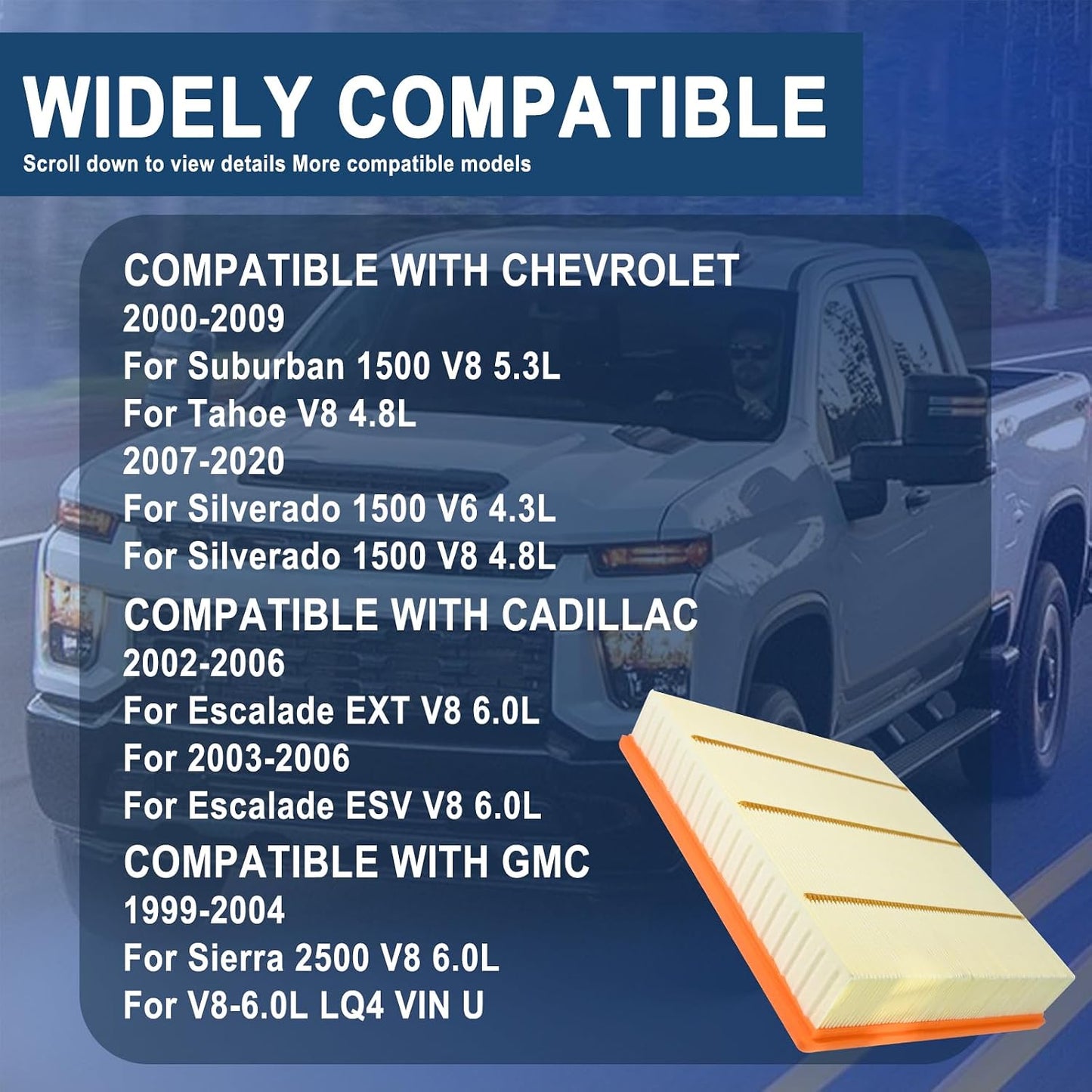 Filtro aire motor compatibles Chevy GMC Cadillac