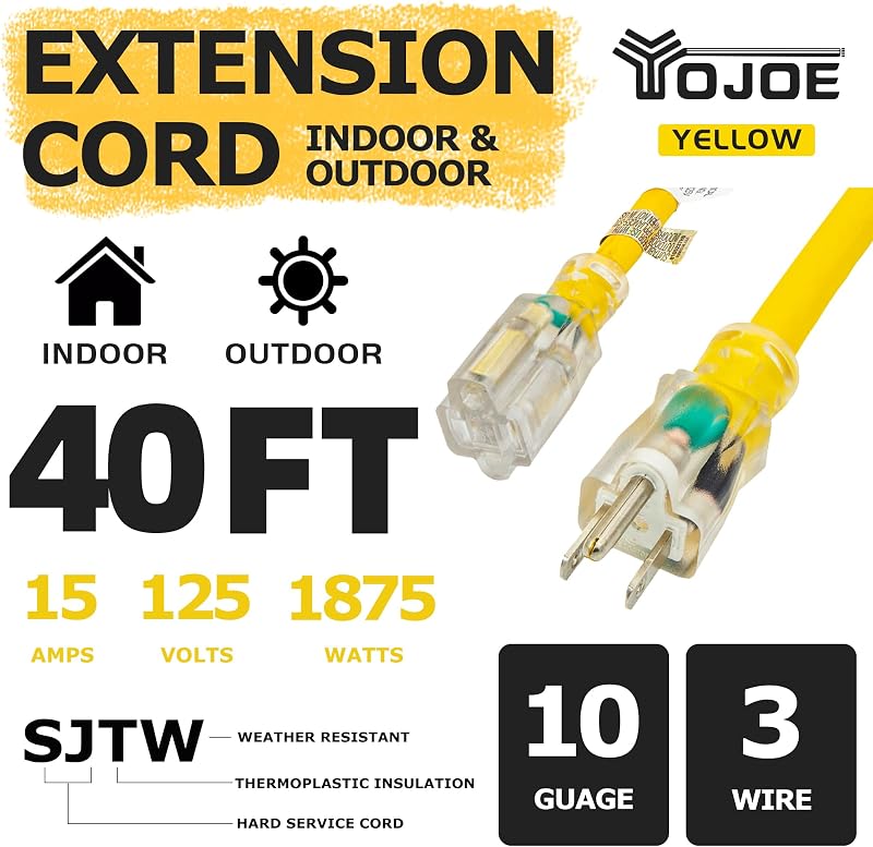 Cable extensión 40pies 15A resistente amarillo con extremo