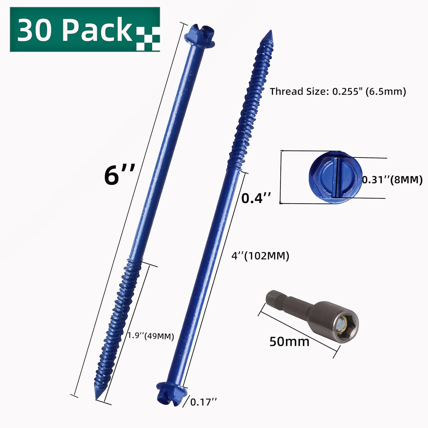 30 Anclajes Hormigón Hex 1/4x6pulg Azul