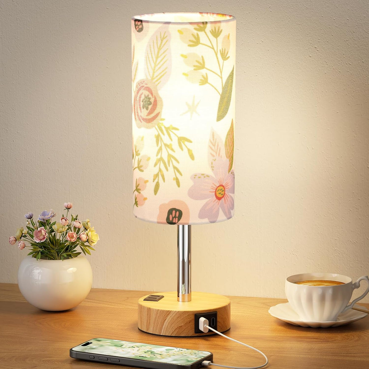 Lámpara mesa floral control táctil 3 modos USB C y AC