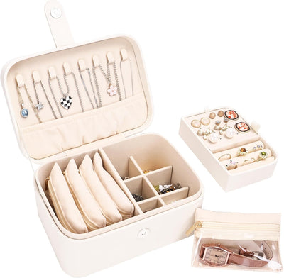 Caja organiz. joyas 2 capas con bolsas aretes collares beige
