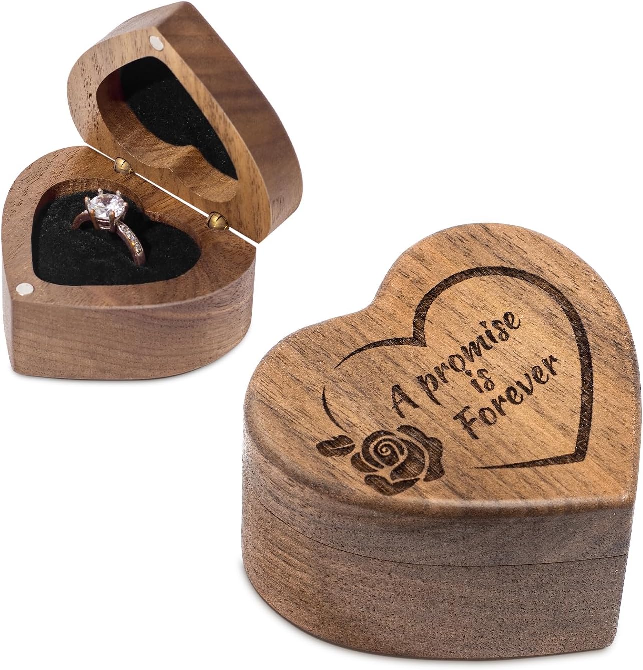 Caja madera nogal anillo compromiso forma corazón grabada