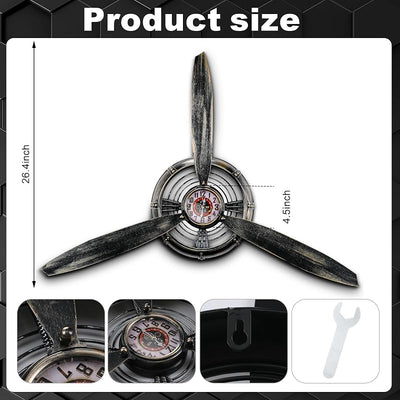 Hélice avión metal decoración pared reloj vintage 29.5x26.4pulg
