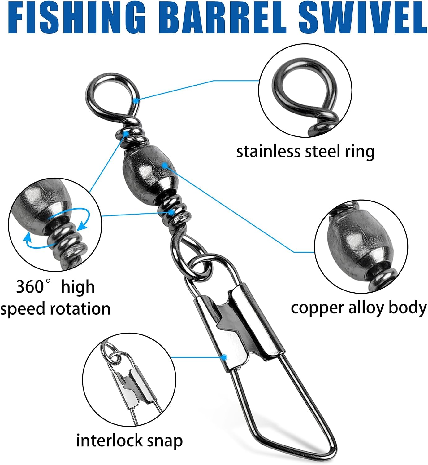 100 Broches giratorios acero inox para pesca negro/dorado