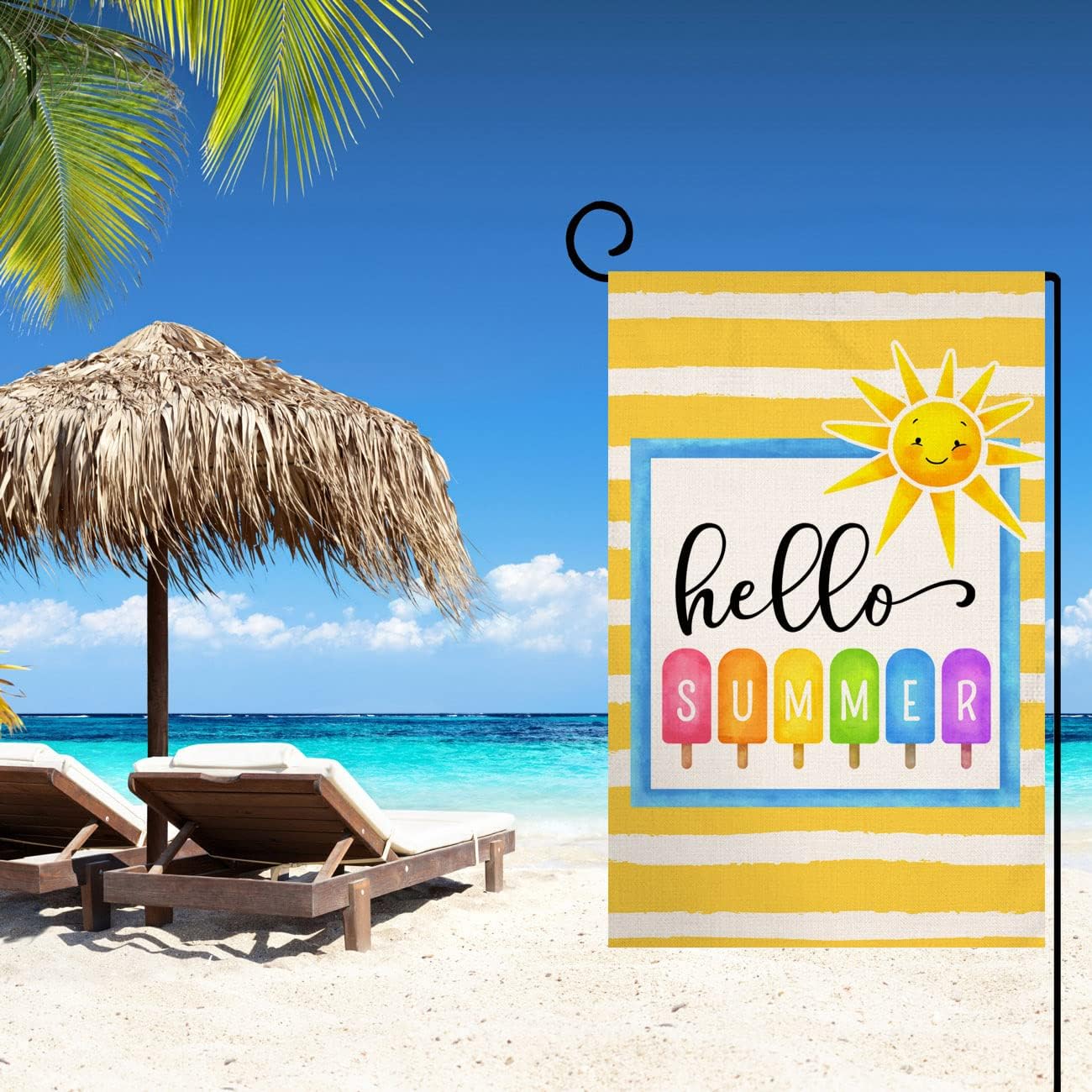 Bandera jardín playa 12x18pulg doble cara texto hello summer