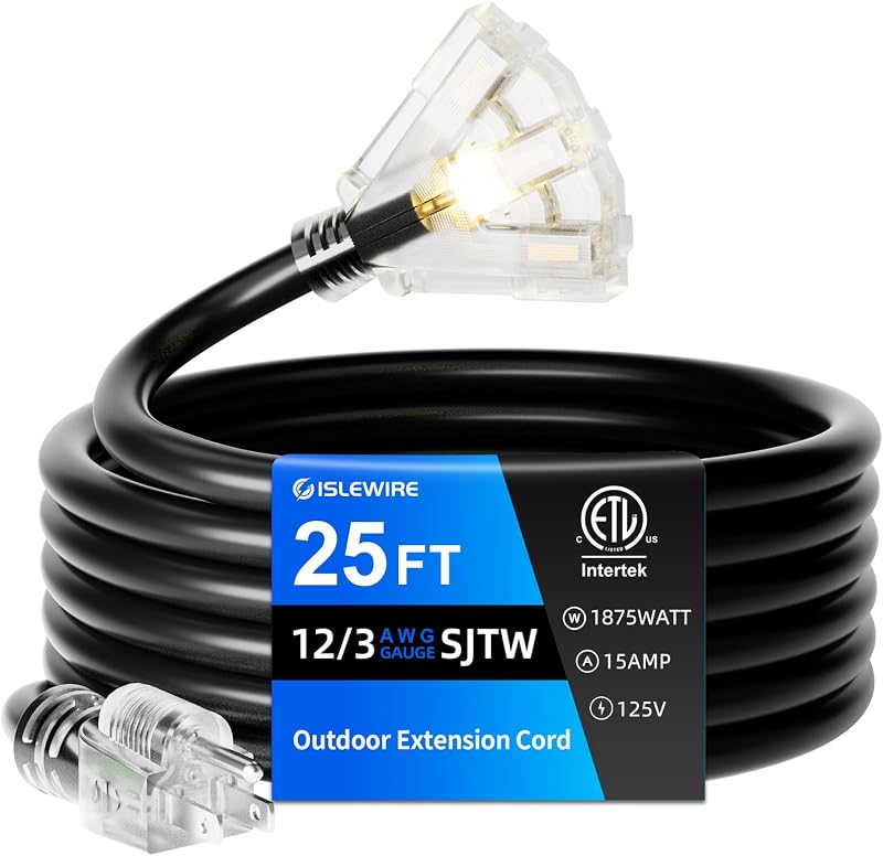 Cable extensión exterior 25ft negro 12 impermeable 3 tomas