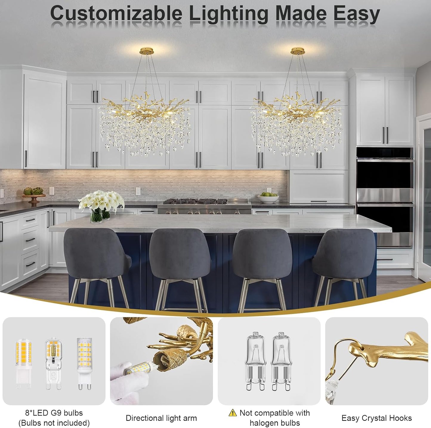 Candelabro cristal moderno 24pulg 8 luces comedor sala