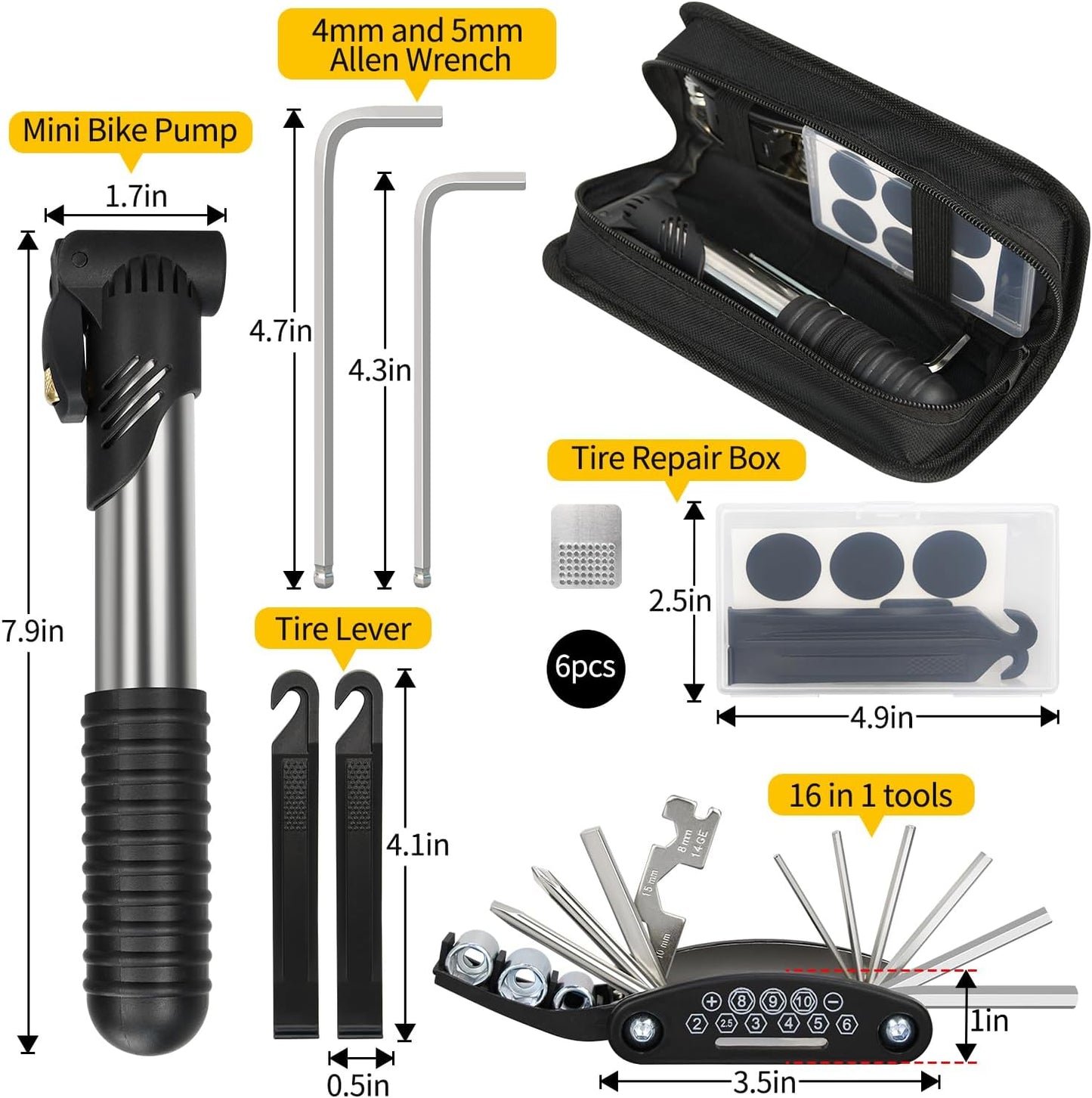 Kit reparación bicicleta 16 en 1 con bomba y herramientas