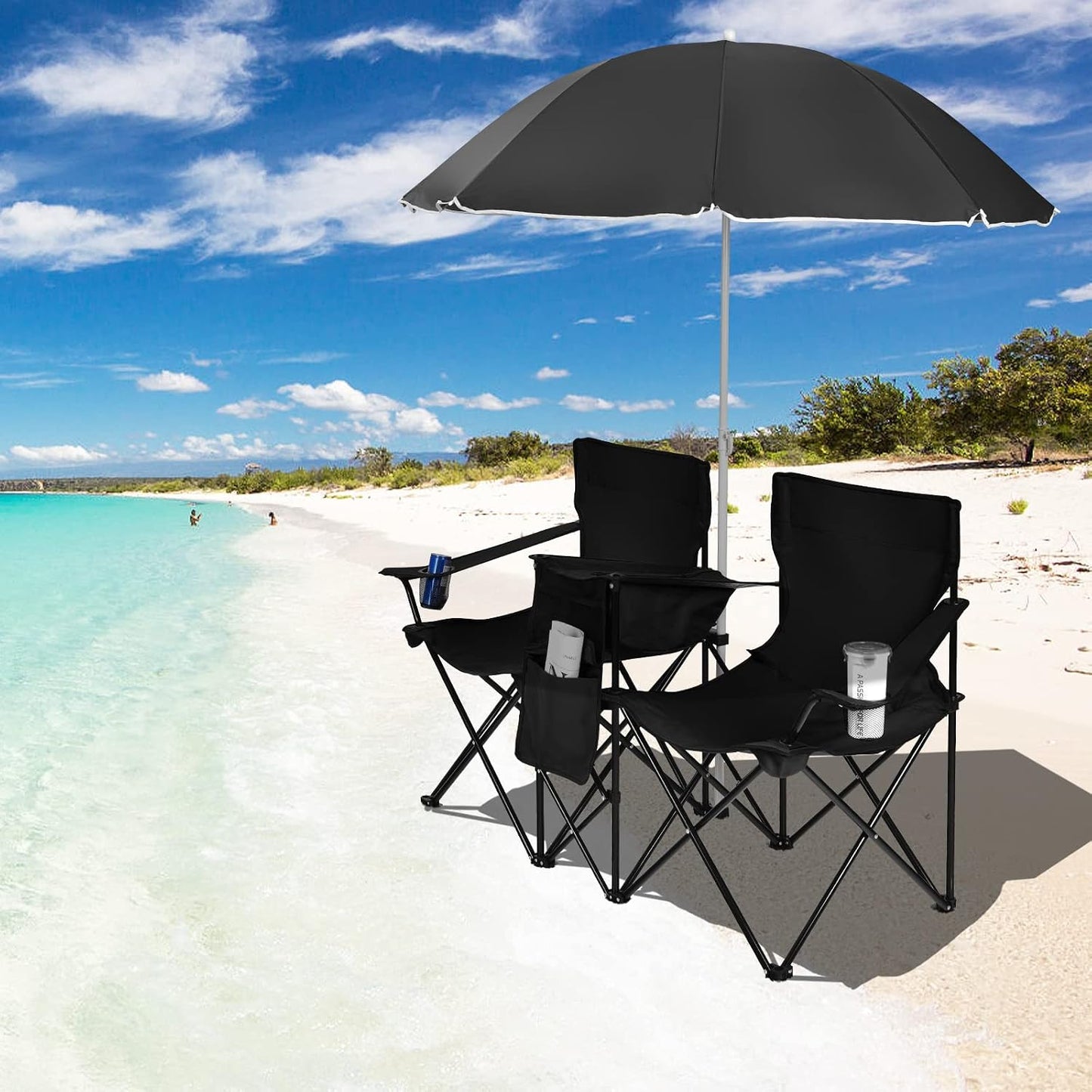 Silla campamento doble plegable con paraguas y portavasos
