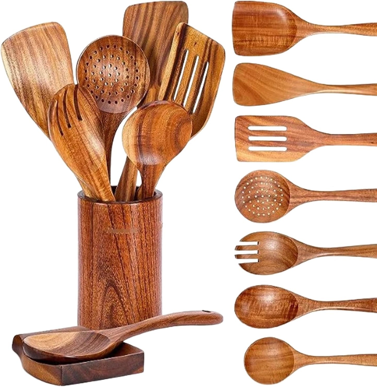 Set 9 Pzas Utensilios Madera con Soporte