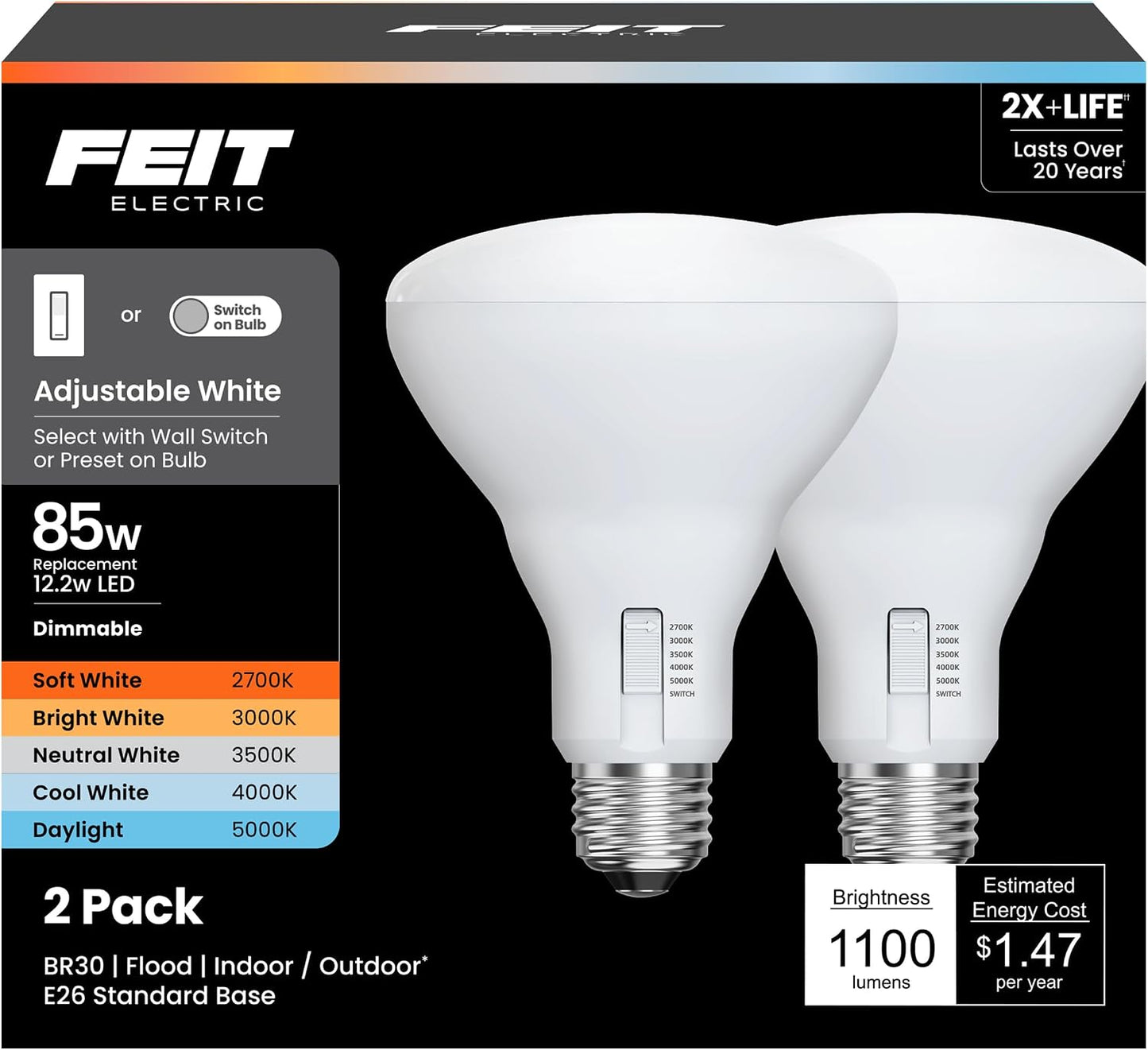 Bombilla LED BR30 1100lm regulable 5 colores paquete 2