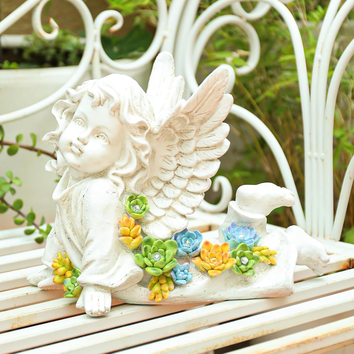 Estatuas solares querubín jardín 7" con suculentas