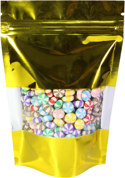 100 Bolsas Aluminio Brillante Cierre Ventanas 6x9" Dorado