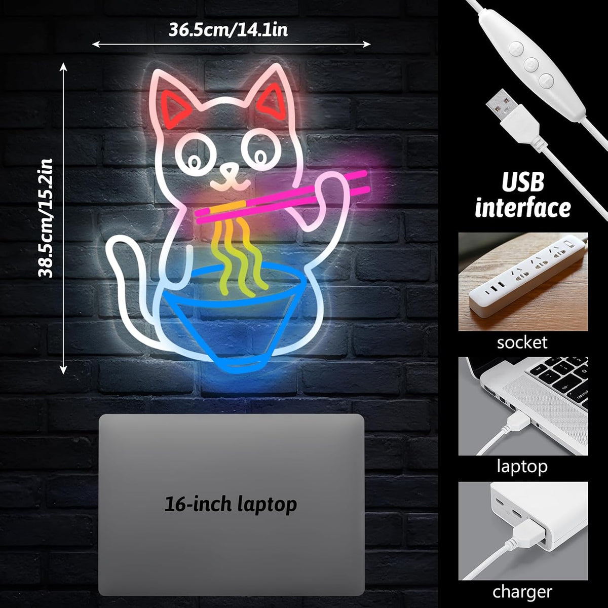 Letrero neón gato ramen luces LED USB para nte bar fiesta