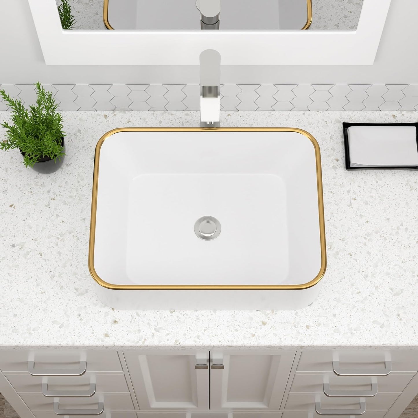 Lavabo rectangular blanco dorado porcelana sobre mostrador
