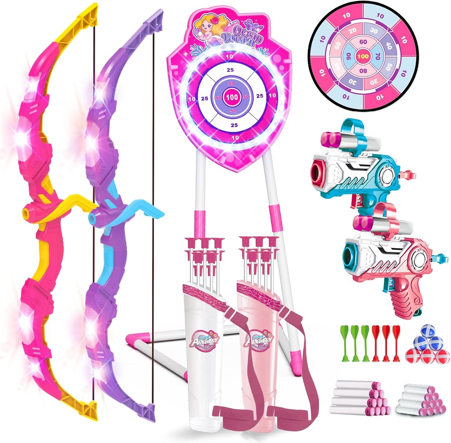 2 Set arco y flecha LED 4en1 con ventosa objetivo para niños