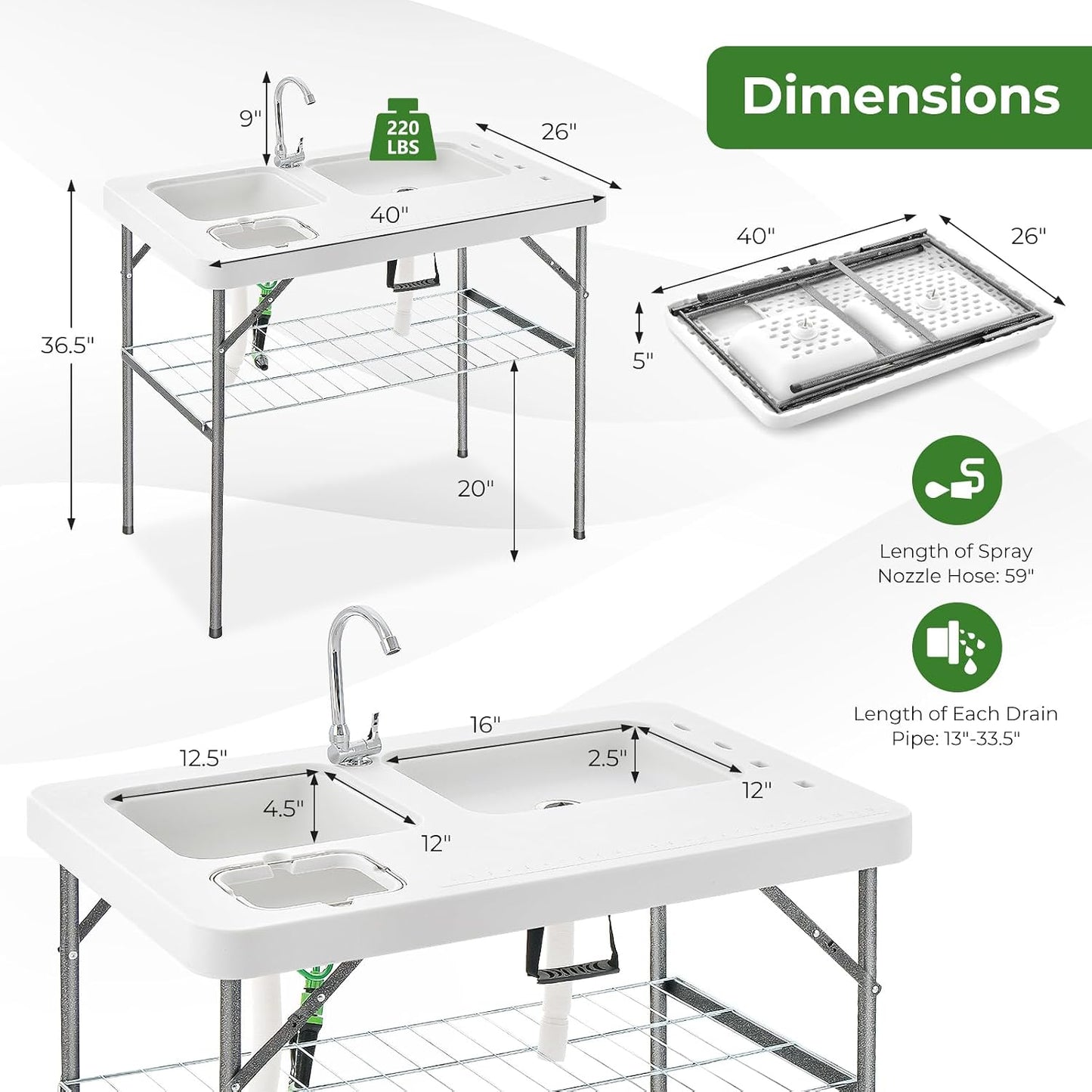 Mesa limpieza peces con fregaderos grifo plegable camping