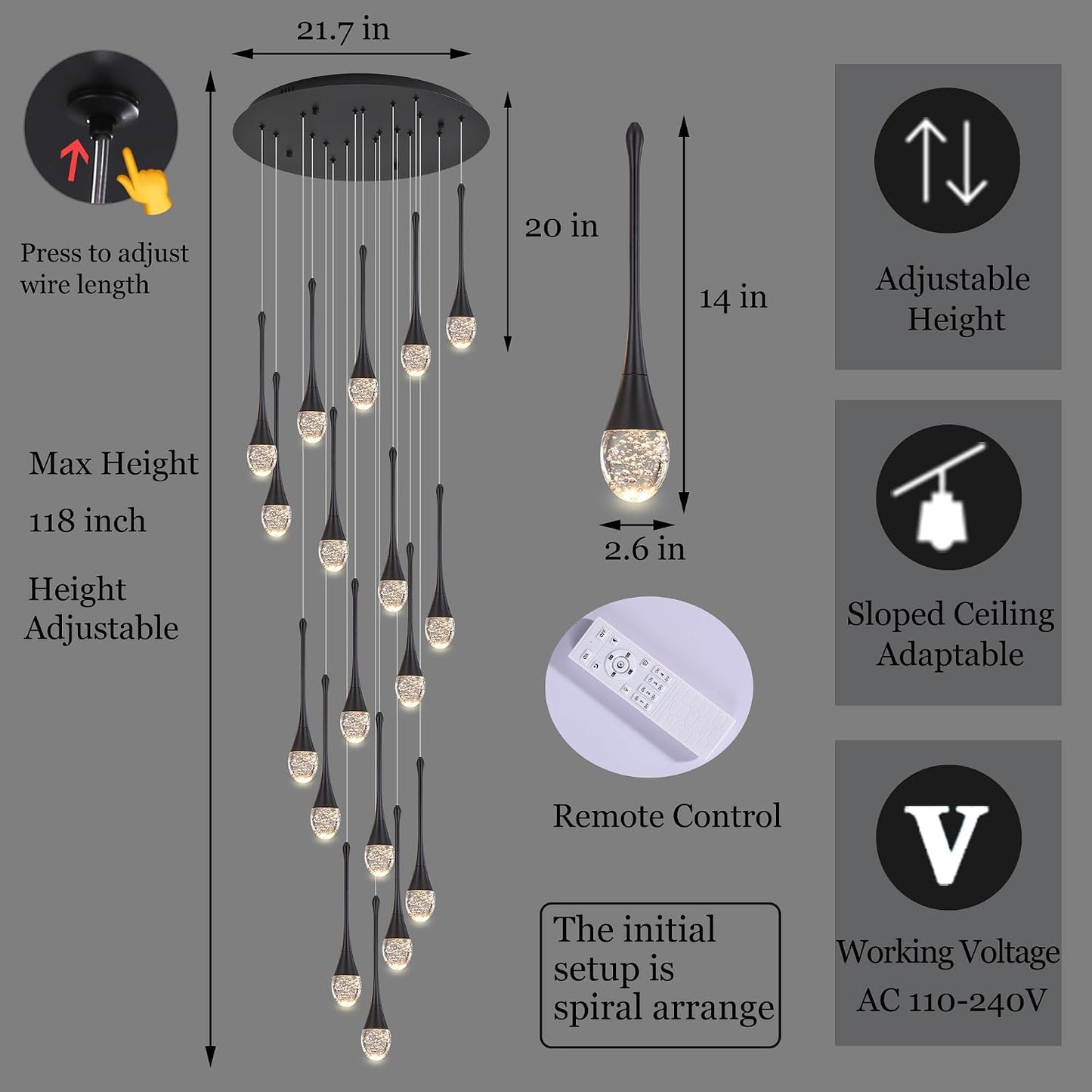Candelabro cristal escalera 18 luces LED color negro