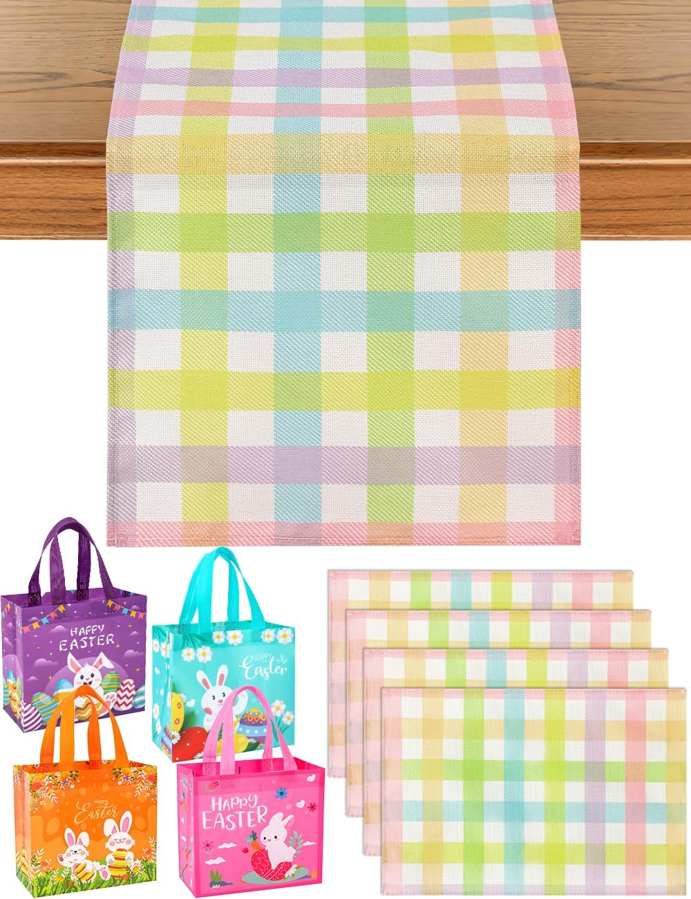 Camino de mesa de Pascua 13 x 72 pulgadas con manteles y bolsas de regalo tela gruesa pastel a cuadros