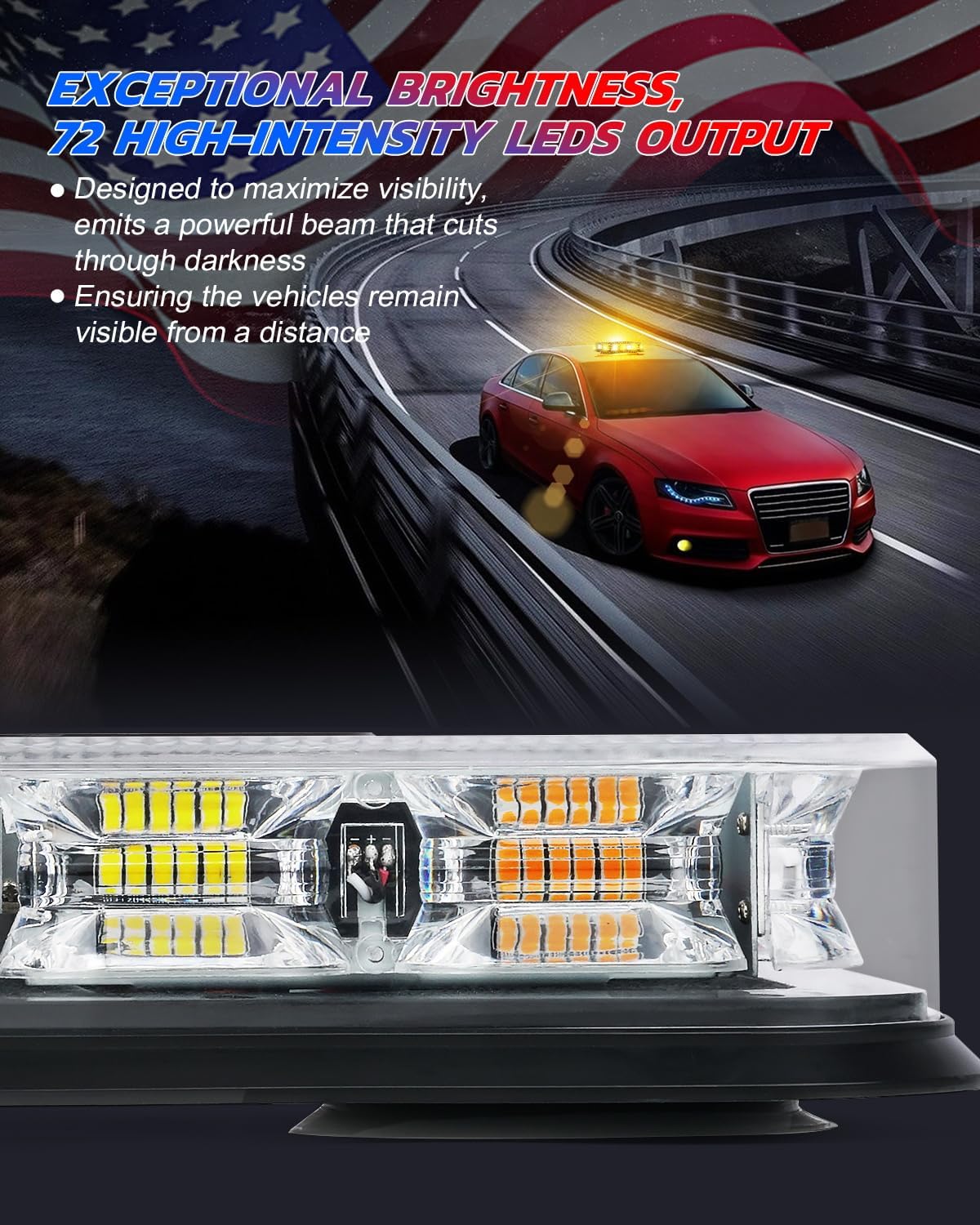 Barra LED magnética intermitente 72 luces patrón bandera