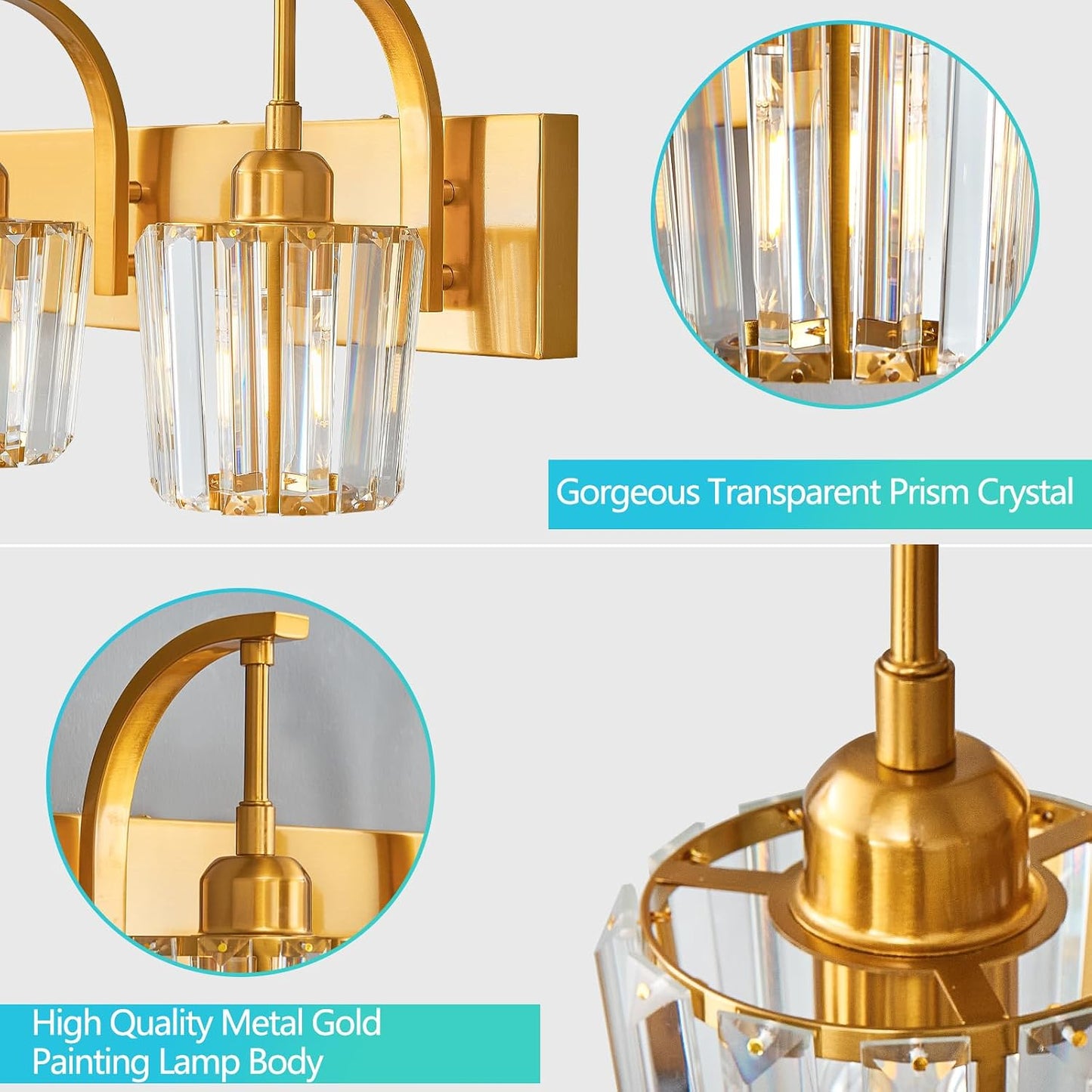 Lámpara de tocador dorada de 3 luces con cristal 23.62pulg