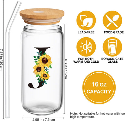 Taza vidrio 16oz con popote y tapa iniciales regalo mujer