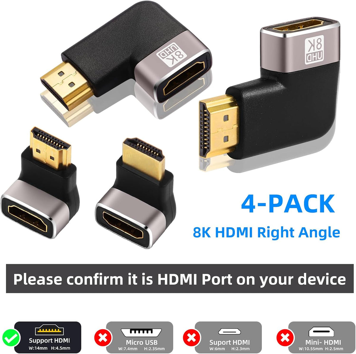 Adaptador HDMI 8K 4 Pack 90 y 270 grados chapado oro