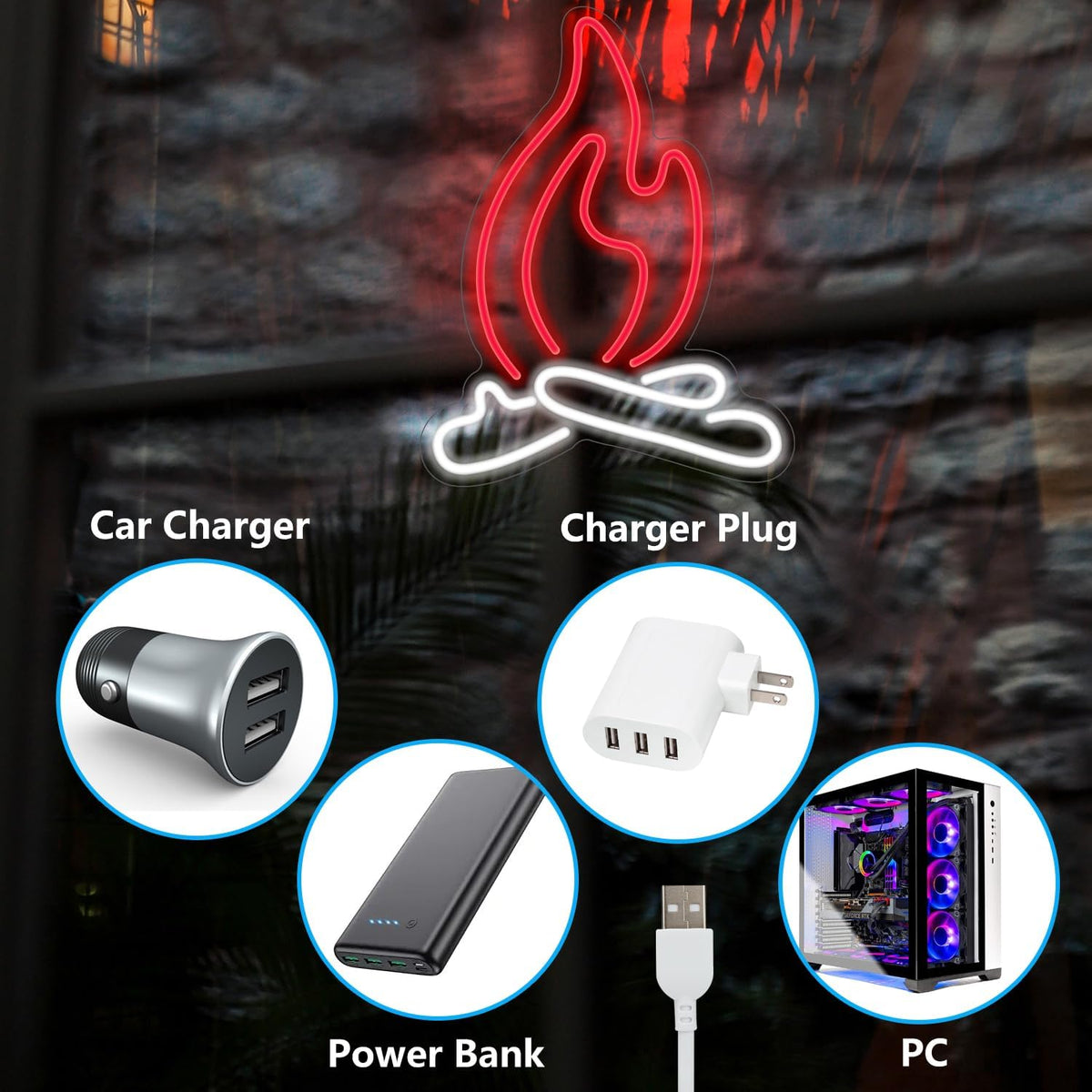 Letrero neón forma llama LED 10x14pulg USB interruptor
