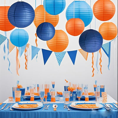 12 Linternas Papel Decoración Fiesta Azul Naranja