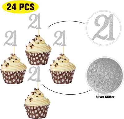 24 Pzas Adornos Cupcakes Plateado 21 Cumpleaños
