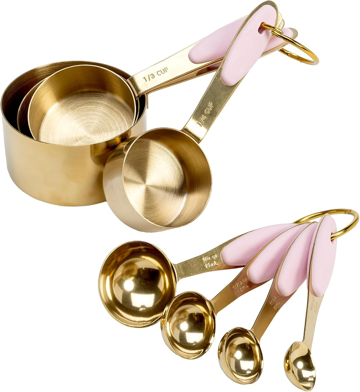 Set 8 Pzas Tazas y Cucharas Medidoras Acero Inox Rosa Dorado