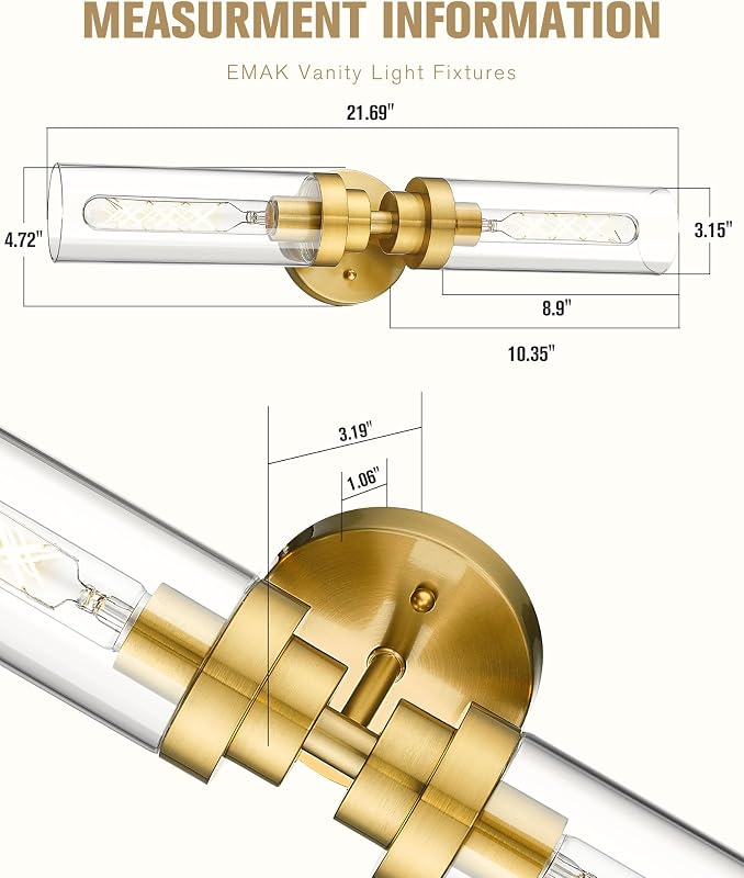 Lámpara tocador baño 22" oro cepillado vidrio transparente