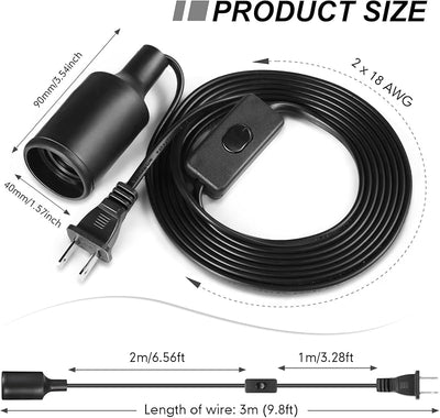Kit 10 cables luz colgante con enchufe E26 E27 negro 9.8pies