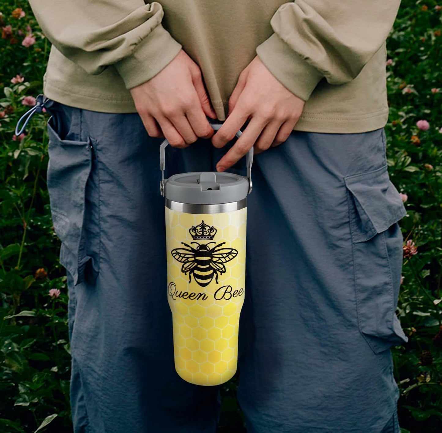 Vaso abeja 30oz acero inox con pajita reutiliz.