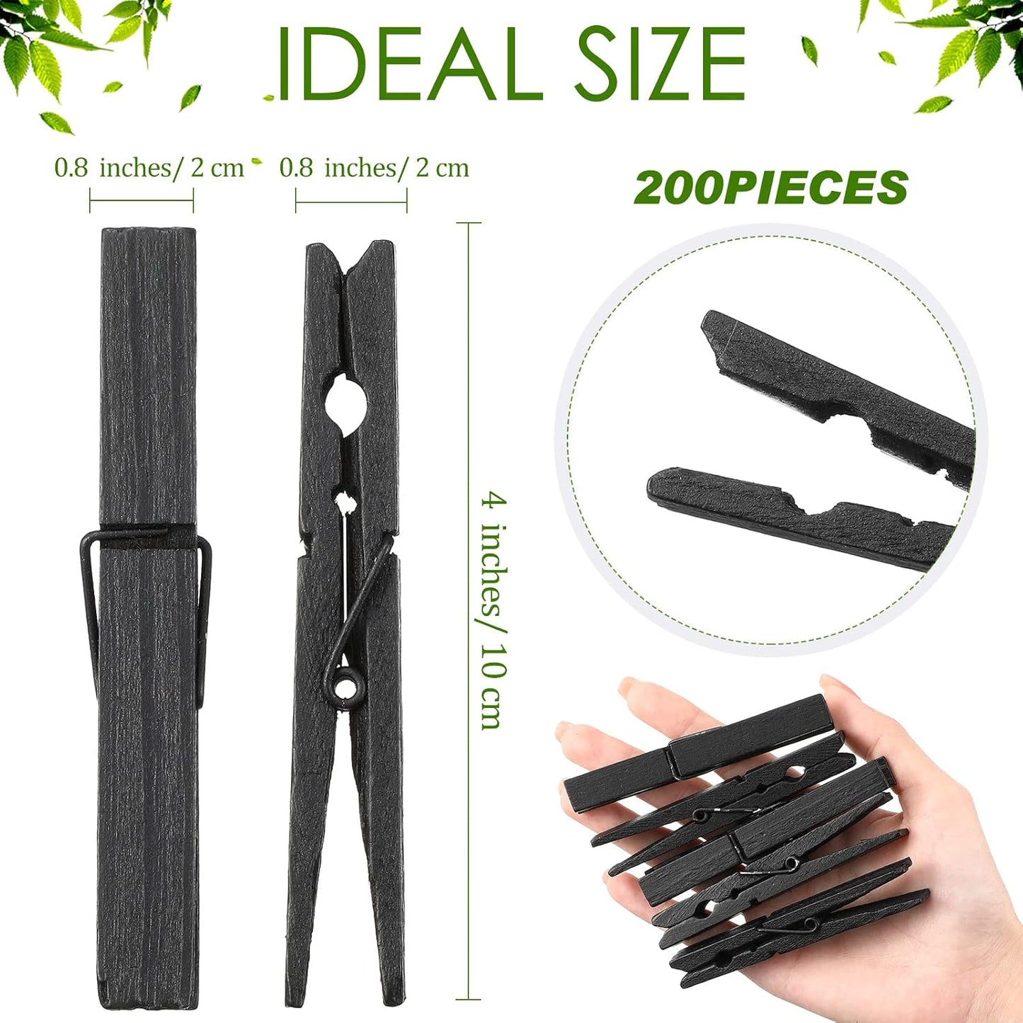 200 Pinzas Madera Resistentes para Colgar Ropa 4" Negro