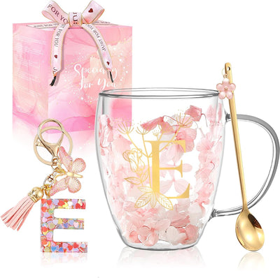 Taza café doble pared vidrio con flores monogramada mujer