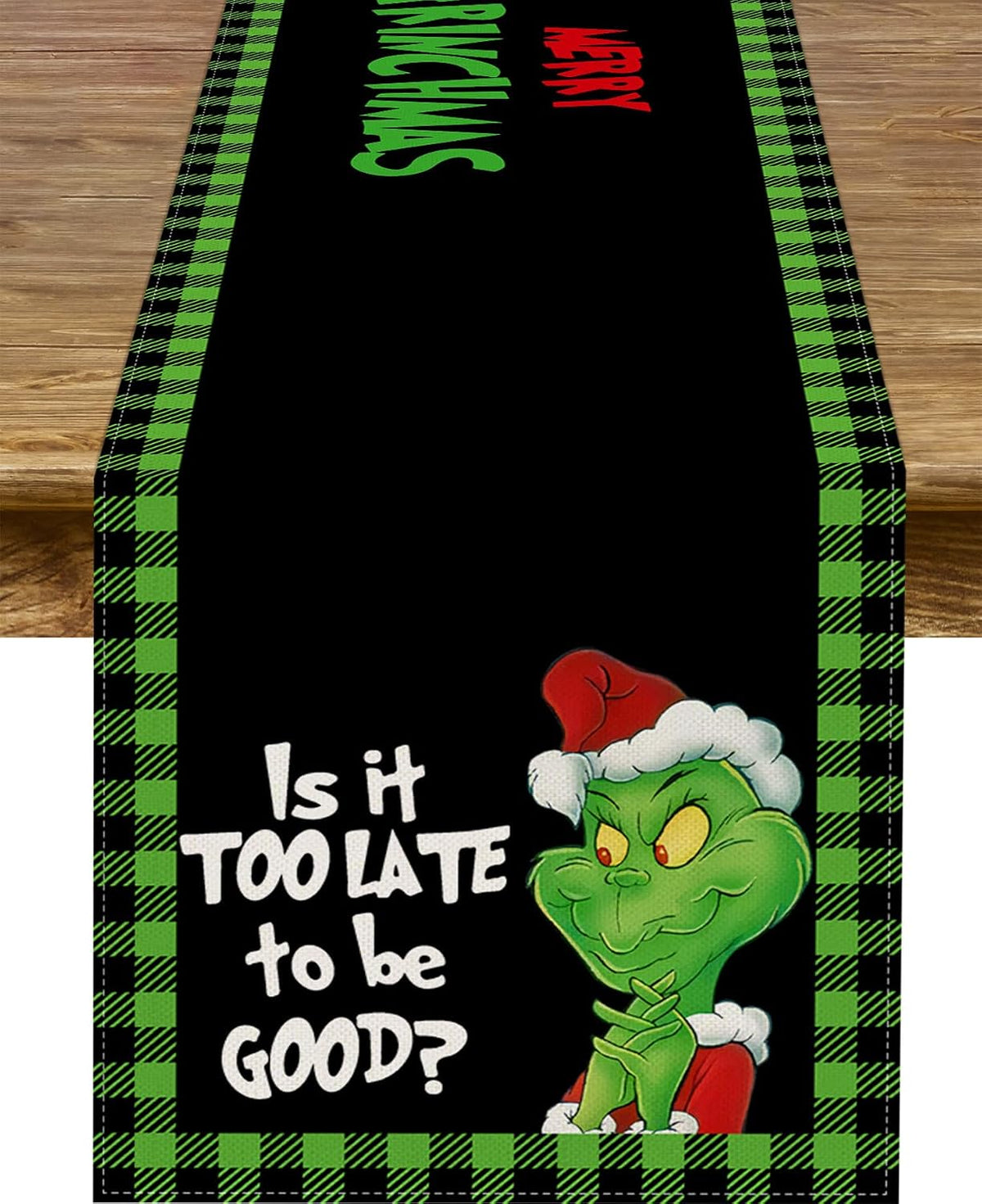 Camino mesa navideño verde con gnomo a cuadros de búfalo