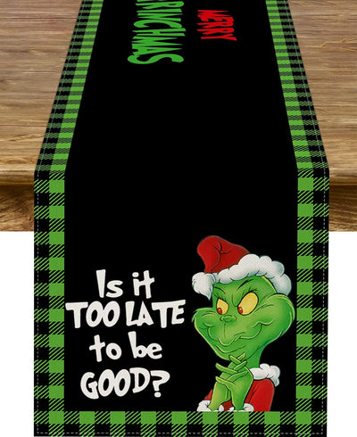 Camino mesa navideño verde con gnomo a cuadros de búfalo