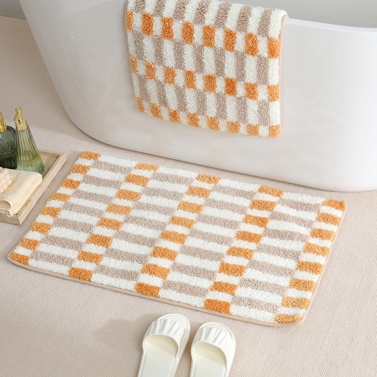Tapete baño cuadros antideslizante absorbente 23x16pulg naranja