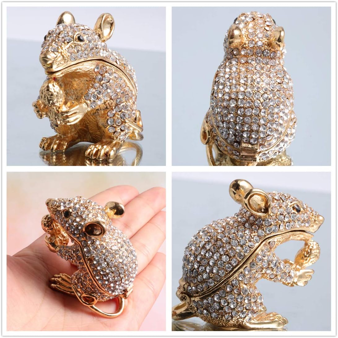 Caja joyería ratón dorado con diamante blanco soporte anillo