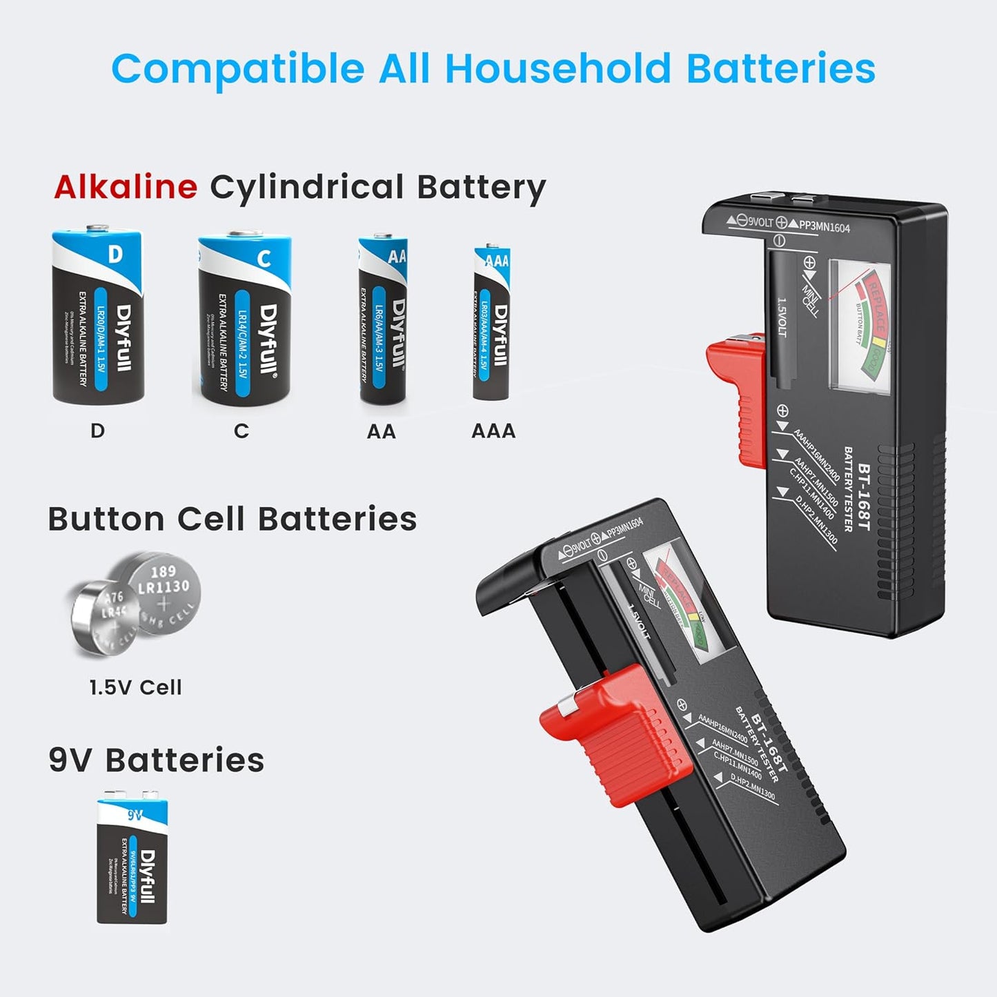 Comprobador batería universal AAA AA C D 9V 1.5V magnético