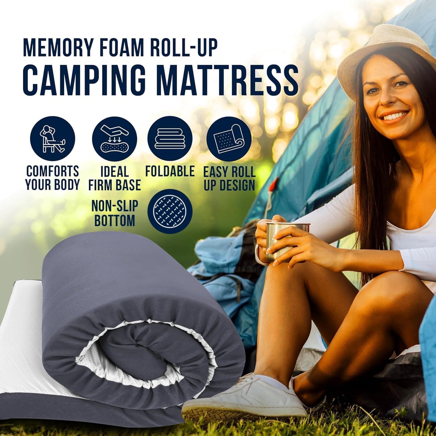Colchón espuma visco 3x38x75pulg funda resistente camping