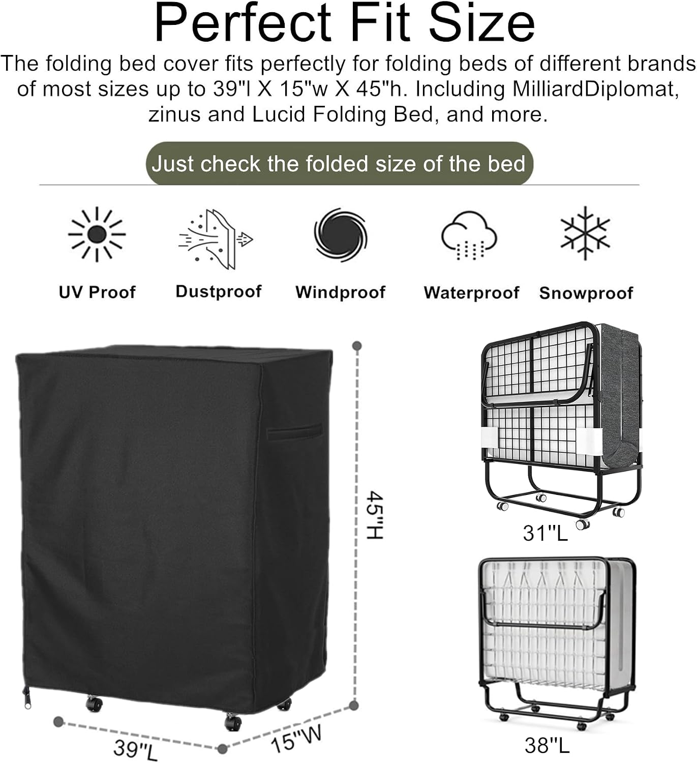 Funda cama plegable 38" impermeable con cremallera y cordón