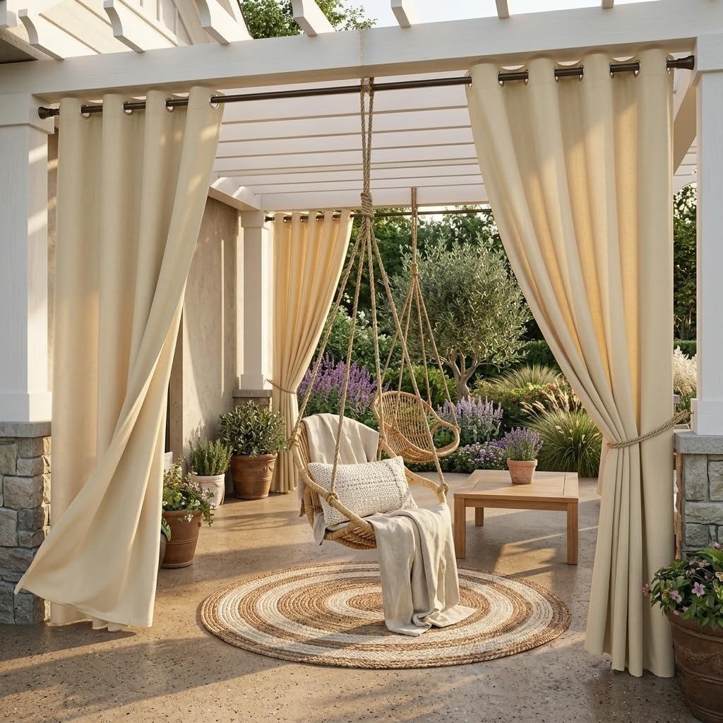 Cortinas exteriores beige impermeables opacas